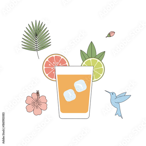 Refreshing Summer Cocktail with Citrus, Tropical Leaves, Flower, and Hummingbird