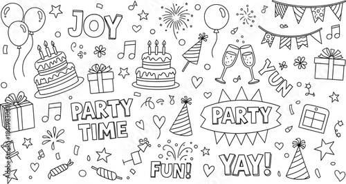 Vibrant party celebration illustrations with joyful elements and decorations