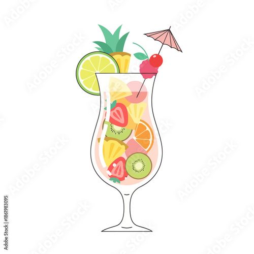 Vibrant Tropical Fruit Cocktail in Hurricane Glass with Garnish