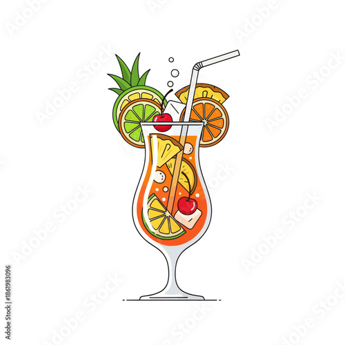 Tropical Cocktail with Fruits and Ice Cubes, Refreshing Summer Drink