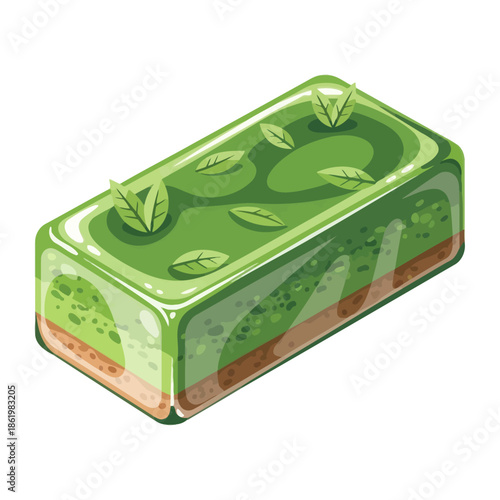 Refreshing Green Matcha Cake Slice with Mint Leaves, Dessert Food Illustration