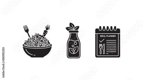 Healthy meal plan icons in minimalist style with black and white color scheme for nutrition and diet illustration