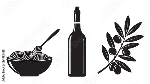 Olive oil bottle with pasta and olive branch in minimalist black silhouette for culinary design