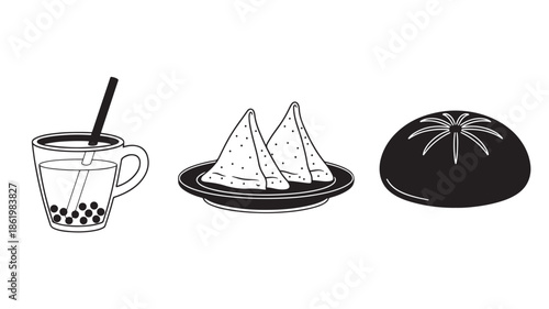 Asian Desserts Set in Simple Line Art Style with Monochromatic Color Scheme on White Background for Menu Illustration