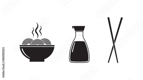 Asian Cuisine Icons in Simple Flat Design with Black Silhouette and White Background for Restaurant Menu
