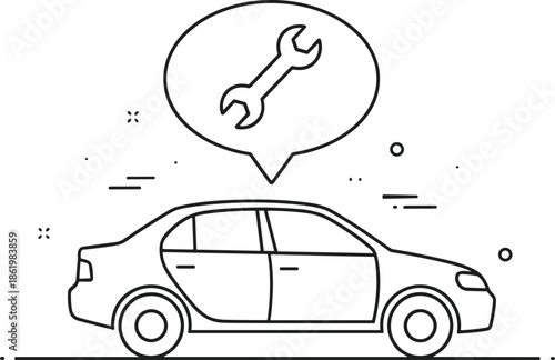 Car service repair icon with wrench speech bubble representing vehicle maintenance auto support roadside assistance outline illustration