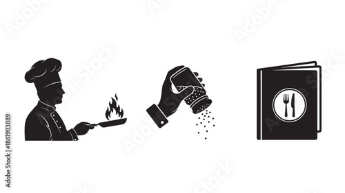 Chef seasoning food in minimalist black silhouette with dramatic lighting on white background for culinary icon