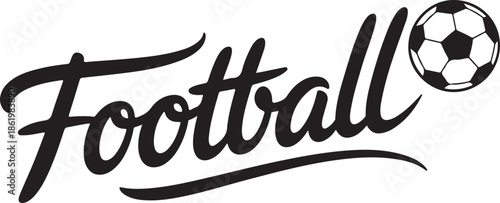 Football hand lettering typography logo with soccer ball icon, modern brush script vector illustration isolated on white