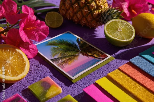 Vibrant lifestyle mood board with tropical images and neon colors