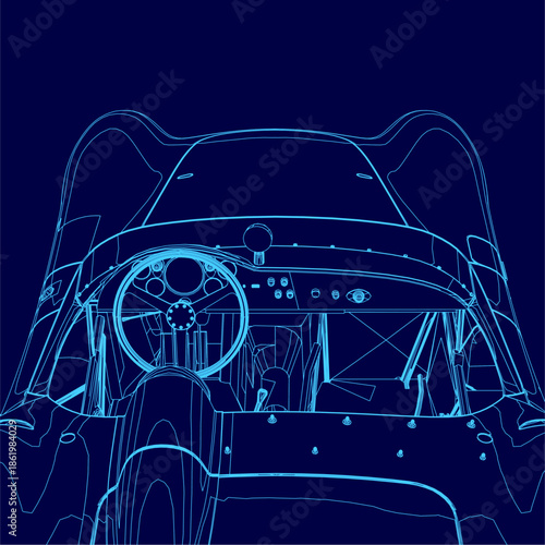 Detailed blueprint of a retro sport cabriolet, featuring a prominent steering wheel and dashboard contour against a dark blue background.