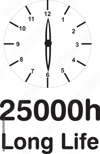 Clock face showing 25000 hours long life symbol with numbers and hands