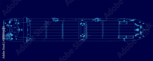 A detailed blueprint of a large container ship from a top-down view, featuring its precise contour and layout on a solid blue background.