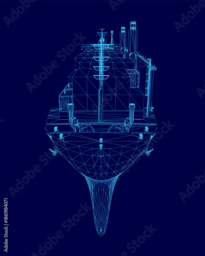 Blueprint of a detailed oil tanker container ship wireframe on a blue background, highlighting its complex engineering structure and technical components.