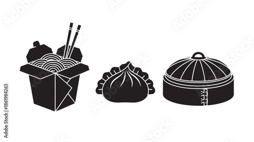 Asian Takeout Containers in Simple Monochrome Style with White Line Art on Black Background for Food Delivery