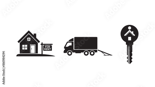 House Moving Truck Key Silhouette in Simple Monochrome Minimalist Design on White Background for Real Estate