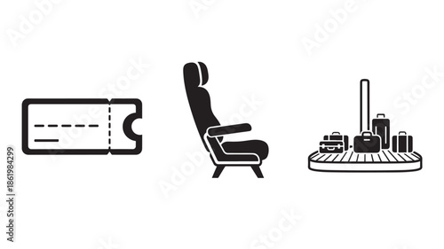 Theater Seat and Ticket with City Skyline in Simple Line Art Style with Black and White Color Scheme for Entertainment Industry