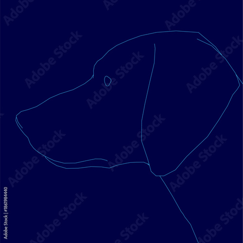 American Foxhound dog head contour drawing in blue outline on a solid blue background. The curious canine has perked ears, an open mouth, and clearly defined eyes and nose.