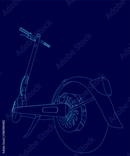 A sleek blue electric scooter with a curved handlebar and a large front wheel stands out against a dark blue background. The clean contour creates a striking, modern contrast.