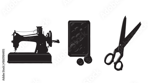 Vintage Sewing Machine with Tailors Accessories in Monochromatic Silhouette on White Background for Crafting