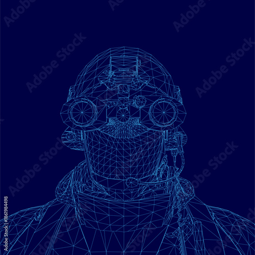 A soldier in full uniform and gas mask with goggles, rendered in a low poly wireframe style against a dark blue background.