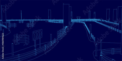 A blueprint of a city street and bridge creates a racing track contour for high-speed drift maneuvers. The detailed plan includes railings, poles, and boards against a deep blue background.