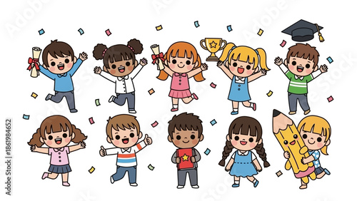 Children celebrating graduation with confetti and school supplies happily