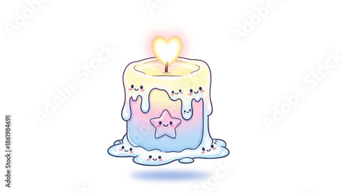 Illustration of a smiling pastel candle with heart flame and star