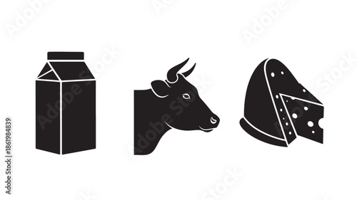 Milk carton, cow head, and cowbell in minimalist black silhouette with white outline on white background for dairy products branding