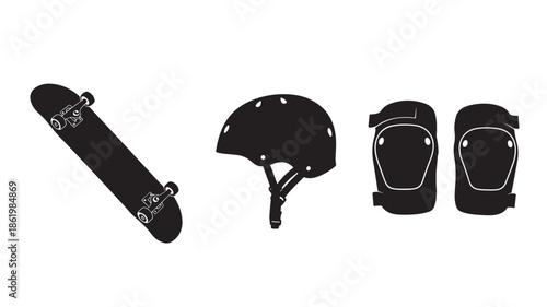 Skateboarding Safety Gear in Silhouette Style with High Contrast Lighting on White Background for Action Sports
