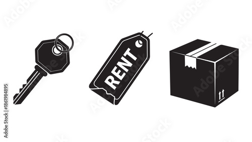 Key, Rent Tag, and Box in Simple Line Art Style with High Contrast Black and White for Real Estate