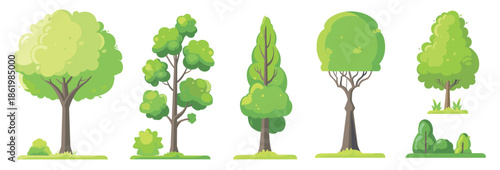 illustration of various green trees with different shapes
