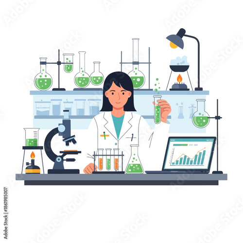 Female Scientist Holding Test Tube in Modern Laboratory with Equipment and Laptop