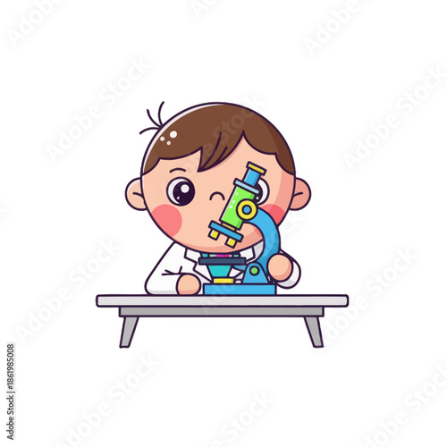 Cute Cartoon Boy Scientist Looking Through Microscope, Scientific Discovery, Education