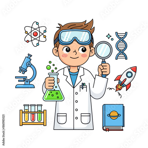 Young Scientist with Laboratory Equipment and Space Elements Cartoon Illustration