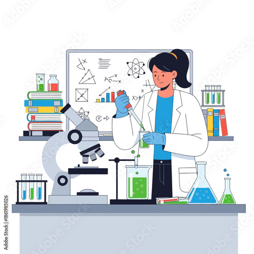 Female scientist conducting experiment in laboratory with microscope and chemistry equipment