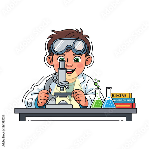 Young boy in lab coat and goggles using microscope, science experiment in classroom