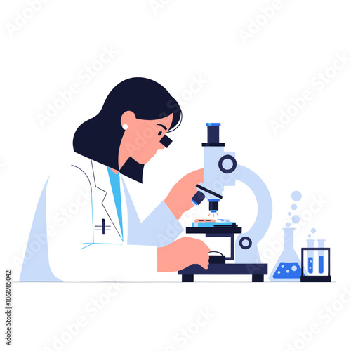 Scientist using microscope in laboratory, conducting research, science illustration
