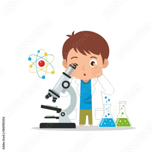 Curious boy in lab coat using microscope, science experiment with atom and beakers, education concept