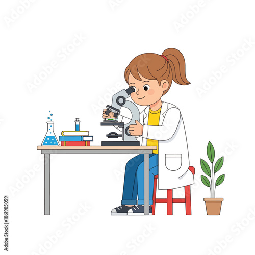 Young Girl Scientist Studying with Microscope in Laboratory