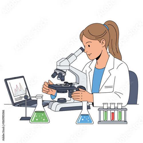 Scientist Woman Using Microscope in Laboratory with Laptop and Beakers