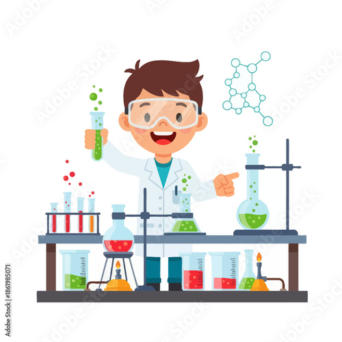 Smiling boy in lab coat doing science experiment with colorful liquids and equipment