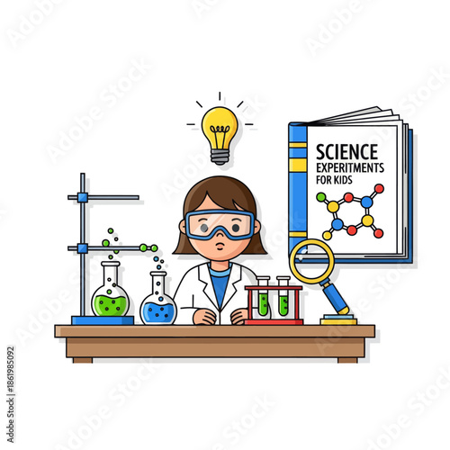 Young scientist girl conducting chemistry experiment with colorful liquids and equipment, idea lightbulb