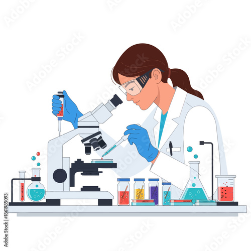 Female scientist working with microscope and lab equipment, research and discovery concept