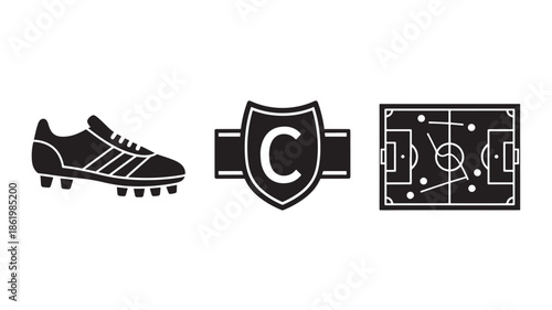 Soccer cleat with captain badge and football field diagram in simple flat design for sports branding