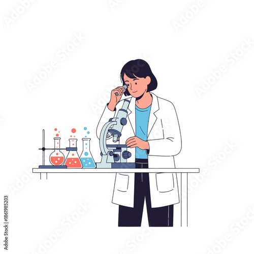 Female Scientist Working with Microscope and Beakers in Laboratory
