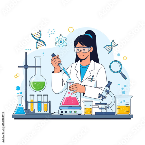 Scientist working in laboratory with DNA, microscope, and beakers