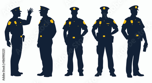  silhouettes of five police officers standing in uniform