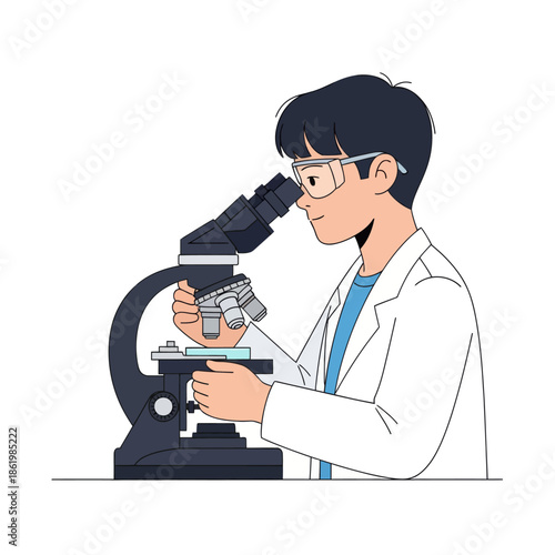 Young scientist looking through a microscope, conducting research in a laboratory setting.