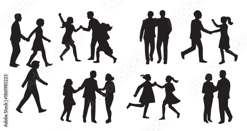 Silhouettes of people interacting and dancing couples