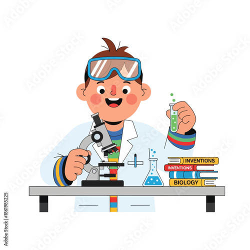 Young Scientist Boy with Microscope and Test Tube, Conducting Experiment